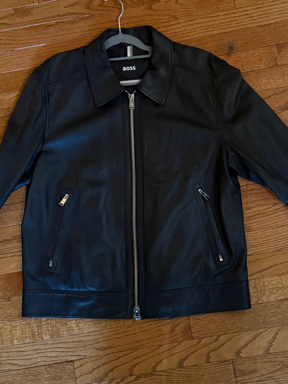 BOSS Black Leather Zip-Up Bomber Jacket